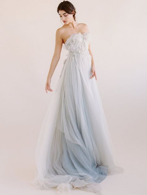 Camille - Samuelle Couture. Corset Bodice Silk Organz and silk tulle draping. Pale blue ombre dip dyed. Blue Chiffon Gown, Tulle Draping, Slip Wedding Dress, Draping Wedding, Blue Palette, Silk Tulle, Lace Slip Dress, Houston Wedding, Wedding Dress Couture