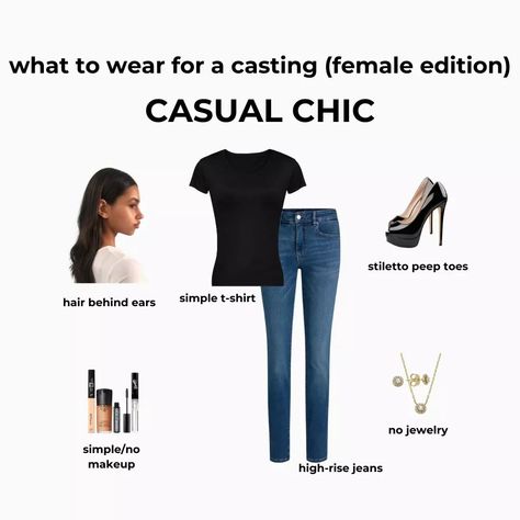 Based on our content requests, here are some outfit ideas for a model casting. The rule of thumb for casting calls is to keep your outfit MINIMAL! Your clothing should be form fitting, not extremely tight! and should be in neutral colors. No need to over accessorize, the goal is to let the casting directors, designers, and makeup artists see you as you are, without any distractions. You need to be seen as a blank slate so they can envision what they are able to do with your look. Would you... Model Casting, Shirt Hair, Casting Call, Simple Tshirt, High Rise Jeans, Simple Jewelry, Neutral Colors, Casual Chic, What To Wear