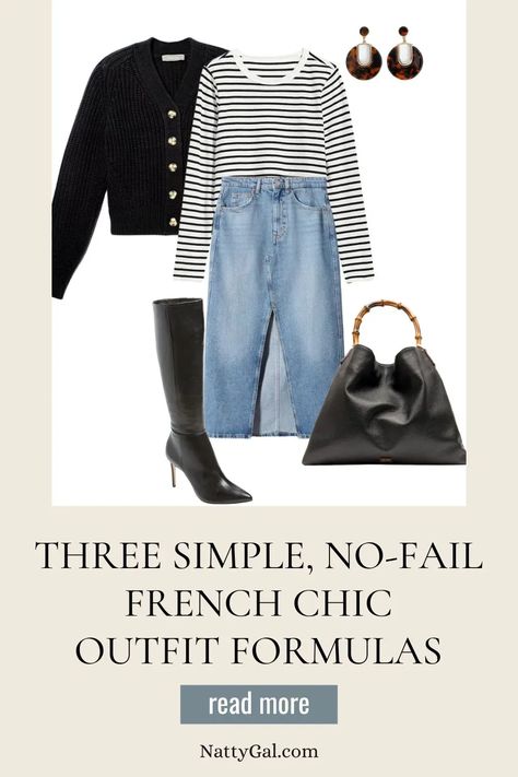 Chic Non-stretch Jeans, French Minimal Makeup, French Tshirt Outfit, French Outfit Formula, Mini Skirt French Style, Outfit Formulas Women, French Fashion Style, French Chic Outfits, Style Inspiration Petite