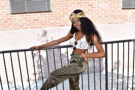 Music festival outfit. Music-themed Tops For Streetwear And Music Festivals, Punk Style Outfits, White Lace Bralette, Black Block Heels, Music Festival Outfit, Afro Punk, Lace Bralette, Head Wrap, Festival Outfit