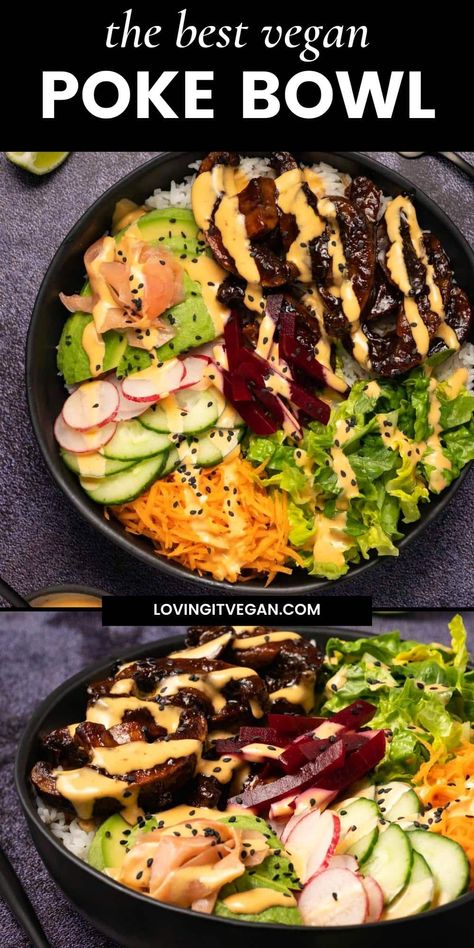 Vegan poke bowl featuring portobello mushrooms in a sesame soy marinade, baked to perfection and served with rice, veggies and spicy mayo. | lovingitvegan.com Vegan Salad Bowl, Vegan Poke Bowl, Vegan Poke, Vegetarian Japanese, Lunch Bowl Recipe, Poke Recipe, Monday Recipes, Poke Bowl Recipe, Vegetarian Recipes Dinner Healthy