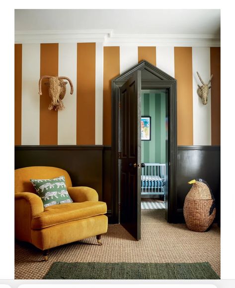 Stripe Across Wall, Painted Stripes On Wall Nursery, Retro Wall Paint Stripes, Handpainted Striped Wall, 70s Stripe Wall, Victorian Hallway, River Lodge, Kids Bedroom Inspiration, Striped Walls