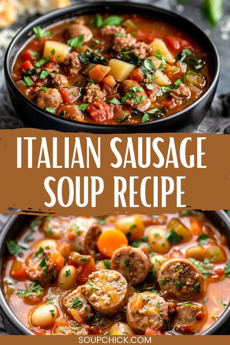 Warm your soul with our hearty Italian Sausage Soup recipe! Packed with savory Italian flavors, this comforting dish is perfect for chilly days. Serve with crusty bread for a satisfying meal that will transport you to the heart of Italy!   #ItalianSausageSoup #ComfortFood #HomemadeSoup #ItalianFlavors #RecipeInspiration #CookingIdeas #FoodieFinds #HeartyMeals #TasteOfItaly Italian Sausage Recipes Soup, Italian Sausage Soup Recipes, Sausage Soup Crockpot, Sausage Vegetable Soup, Italian Soup Recipes, Crockpot Soups, Sausage Soup Recipes, Hearty Soup Recipes, Soup Chili