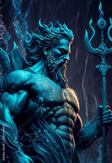 Statue Digital Art, Greek God Poseidon Art, Poseidon Statue, Poseidon Tattoo, God Statue, Japanese Dragon Tattoos, Angel Warrior, Greek Gods And Goddesses, Greek And Roman Mythology