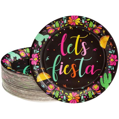 PRICES MAY VARY. Fiesta Themed Party Plates: Add this pack of fiesta party plates to a dining table set, or use them at the buffet and dessert table at a Cinco de Mayo celebration, a BBQ, a birthday party, a picnic, or fiestas Fiesta Party Decorations: The black fiesta plates each say "Let's Fiesta" on them and feature colorful flowers and tacos; ideal for creating a celebratory atmosphere and theme for your party Quick and Easy Cleanup: You can simply dispose of our lets fiesta paper plates aft Mexican Fiesta Theme Party, Fiesta Theme Party Decorations, Mexican Plates, Party Decorations Black, Mexican Bridal Showers, Fiesta Party Supplies, Paper Lace Doilies, Theme Cupcakes, Cinco De Mayo Celebration