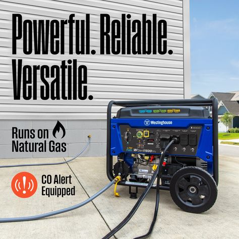 The Westinghouse WGen11500TFc Tri-Fuel Portable Generator with CO Sensor produces up to 14, 500 peak watts and 11, 500 running watts, the WGen11500TFc is a tri fuel generator that operates on gasoline, propane (LPG), or natural gas. The heavy duty 550cc 4-Stroke OHV Westinghouse Engine is constructed of a durable cast iron sleeve and runs for up to 19 hours on a 9.5 gallon (36 L) gas tank, keeping you powered through the day with built-in fuel gauge, automatic low oil shutdown, and GFCI outlets. Push-Button Electric Start makes starting the WGen11500TFc effortless while the remote start key fob offers added ease from a distance. Its intuitive control panel spotlights the Transfer Switch Ready L14-30R and larger 14-50R to power your major appliances like the air conditioner, refrigerator, a Fuel Gauge, Dual Fuel Generator, Transfer Switch, Portable Generator, Sump Pump, Power Generator, Support Network, Gas Tank, Gas Tanks