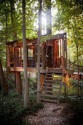 Tree House In The Woods, Adult Tree House, Romantic Cabin Getaway, Cool Sheds, Building A Treehouse, Tree House Plans, Tree Fort, Tree House Diy, Romantic Cabin