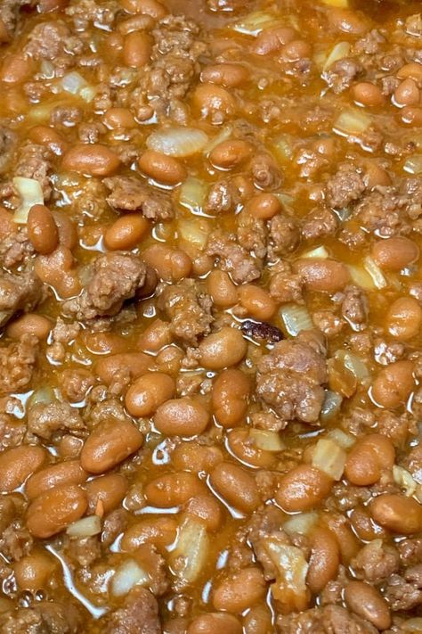 close up cowboy baked beans with venison or ground beef Ranch Beans Recipe Ground Beef, Baked Beans Recipe With Sausage, Hobo Beans Recipe, Ranch Beans Recipe, Ranch Style Beans Recipe, Baked Beans With Hamburger, Baked Bean Casserole, Beans Recipe Crockpot, Cowboy Baked Beans