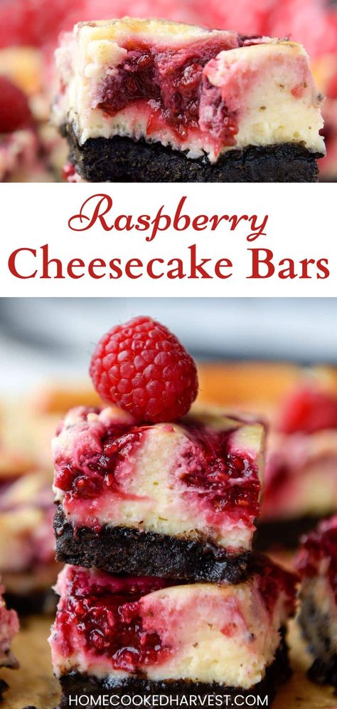 The combination of sweet raspberries, tangy cream cheese, and chocolatey Oreos makes these Raspberry Cheesecake Bars absolutely heavenly! Cream Cheese Bar Cookies, Oreo Raspberry Cheesecake, Heavenly Raspberry Cheesecake Bars, Christmas Raspberry Dessert, Homemade Raspberry Cheesecake, Best Cream Cheese Desserts, Chocolate Raspberry Dessert Easy, Raspberry Christmas Desserts, Raspberry Cheesecake Pie