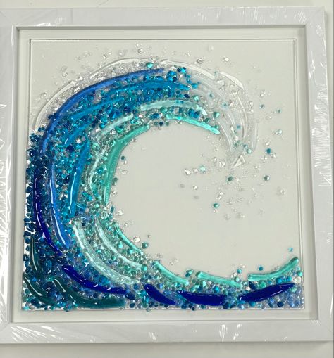 Fusion Glass Ideas, Vitrofusion Ideas, Sea Glass Wave, Ocean Wave Glass Art, Fused Glass Ocean, Mermaid Beach Decor, Mermaid Crushed Glass Art, Fused Glass Art Seascape, Fused Glass Flower Wave