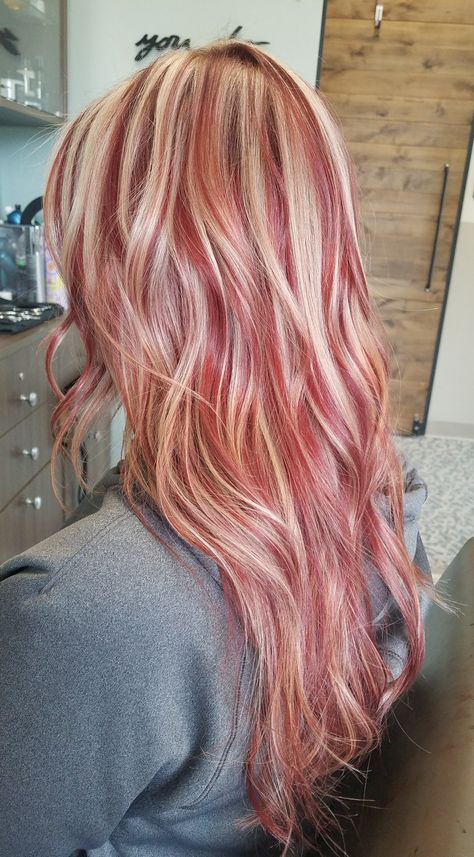 Fun Hair Ideas For Blondes, Blond With Red Hair, Blonde Highlights With Color Streak, Brown With Blonde Money Pieces Curly Hair, Red Violet Blonde Hair, Pink Hair For Blondes, Blonde With Bright Red Highlights, Red And Blonde Streaks, Red Pink Blonde Hair