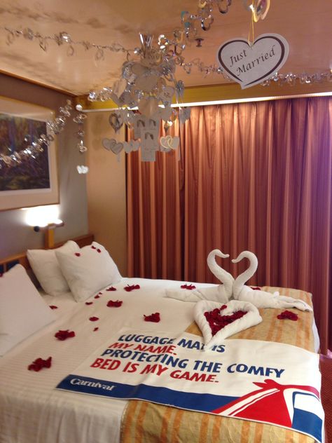 Stateroom decorated by Carnival Victory! Honeymoon decorations Just Married Cruise Door Decorations, Cruise Vow Renewal Ideas, Honeymoon Cruise Door Decorations, Cruise Vow Renewal, Honeymoon Decorations, Carnival Cruise Wedding, Dropping Anchor, Cruise Weddings, Carnival Miracle