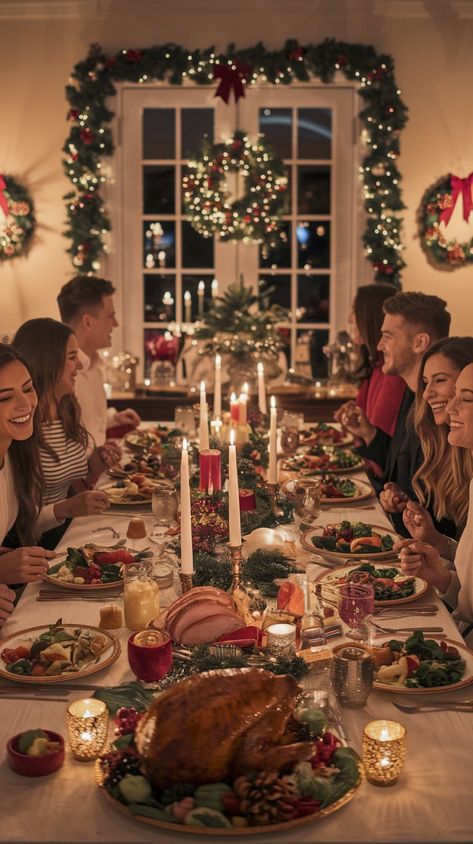 Your dining table, covered in a festive tablecloth, sets the mood for celebrations. A centerpiece of glimmering candles casts an intimate glow, while Christmas-themed tableware adds a playful touch. Even the chairs around the table join in the festivities, adorned with ribbons and Christmas baubles. Now that's a scenic set-up for a festive dining delight! 🍽️🎅 Christmas Feast, Vision Book, Christmas Gathering, 2024 Christmas, Celebrating Christmas, Christmas Celebration, 2025 Vision, Set Up, Christmas Decor Ideas