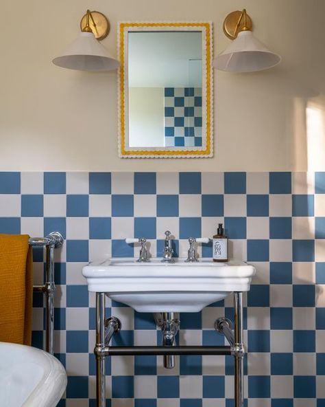 Michelle Kelly on Instagram: "bathroom scenes - Check it out ! For the master bathroom I went for individual blue & cream tiles to create a fun but still classic feeling family bathroom . #michellekellystyle #bathroominspo #chequeredtiles photo by @daveycleveland" Cream Tiles, Small Bathroom Renos, Cream Tile, Blue Bathroom Tile, Instagram Bathroom, Red Tiles, Blue Tile, Yellow Bathrooms, Bathroom Reno