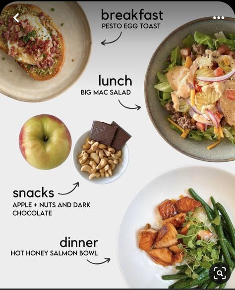 Light Snack Ideas, Fat Loss Dinner, Pesto Egg Toast, Honey Salmon Bowl, Hot Honey Salmon, Healthy Daily Meals, Protein Dishes, Salad Homemade, Big Mac Salad