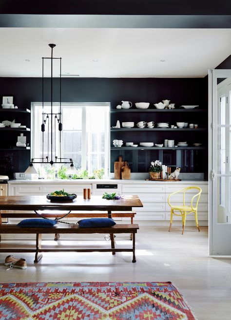 Kitchen | Dining room | Dark wall | Black | Livingetc Studio Mcgee Kitchen Table, Top Kitchen Paint Colors, Blue Kitchen Walls, Blue Kitchen Designs, Edwardian House, Dark Walls, Kitchen Cabinet Colors, Blue Kitchens, Kitchen Diner