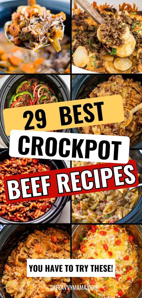 Looking for the perfect juicy beef roast crockpot recipes? Whether you're skipping the carrots or using ground beef, beef stew meat, or a classic beef roast, these crockpot meals have you covered! With options that cook in 6 to 8 hours, these easy recipes pair perfectly with rice for a hearty meal. Ideal for busy weeknights, these beef crockpot meals are simple yet delicious. Get ready to enjoy tender, flavorful dishes without the fuss! Healthy Meat Crockpot Recipes, Meats In Crockpot, Crockpot Beef Casserole Recipes, Beef Fajita Crockpot Recipes, Crock Pot Red Meat Recipes, Frozen Beef Crockpot Recipes, 8hr Crockpot Recipes, Crockpot Meals Beef Stew, Crock Pot Recipes With Beef