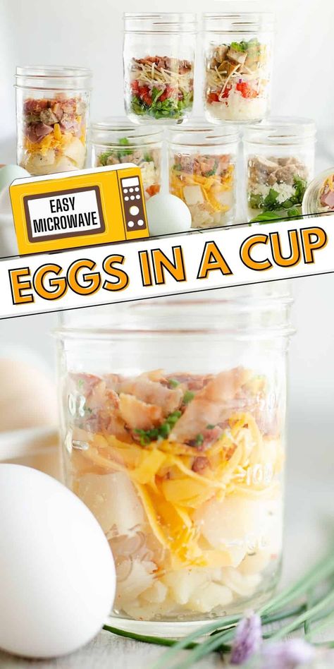 These Easy Microwave Scrambled Egg Cup Recipes are a great meal prep idea that is hot and ready in just minutes! 7 delicious varieties allow you to just add an egg for a healthy breakfast on the go, all under 350 calories. #MicrowaveEggs #MealPrep #JustAddAnEgg Diy Egg Scramble Cups, Just Add An Egg Breakfast, Egg Cup Recipes, Microwave Scrambled Eggs, Mason Jar Meal Prep, Mason Jar Breakfast, Cup Recipes, Microwave Breakfast, Egg Cups Recipe