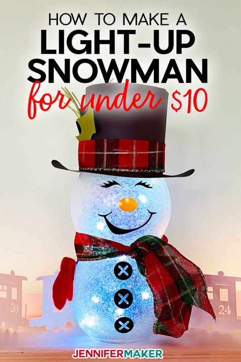 DIY Light-Up Snowman For Under $10 from Dollar Tree Items Fishbowl Snowmen Crafts, Dollar Tree Glass Bowl Snowman, Globe Snowman Diy, Dollar Tree Glass Snowman, Fishbowl Snowman Diy Christmas Crafts, Snowman Fishbowl Christmas, Snow Globe Snowman, Snowman Globes Diy, Snowman Vase Diy