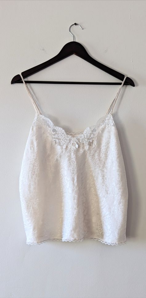 Cute, romantic cropped vintage lace cami! This camisole top has a lovely satin fabric with a subtle leopard print and lace trim. White Lace Cami Top, Vintage Cami Top, White Lace Cami, Vintage Cami, Satin Clothing, Lace Cami Top, Vintage Clothing Stores, Lace Camisole, Lace Cami