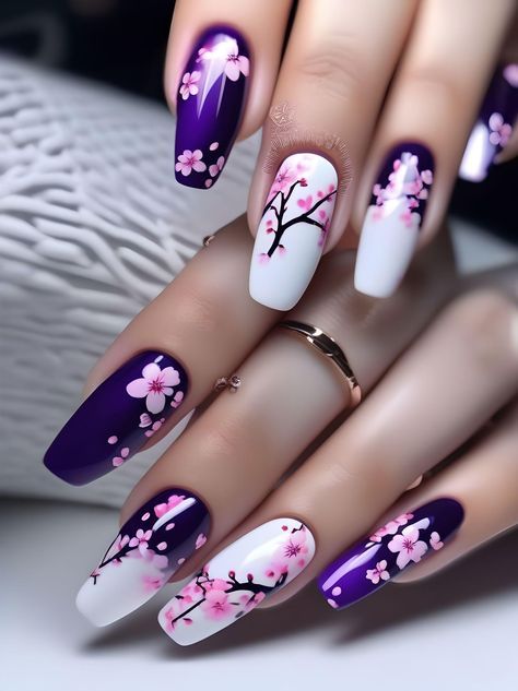 Spring Nail Art Acrylic, Nails 2020 Trends, Trendy Nail Ideas Acrylic, Nail Art Blossom, Flower And Butterfly Nail Designs, Blossom Nail Art Designs, Cheery Blossoms Nail Art, Spring Nail Art Cherry Blossom, Unghie Nail Art