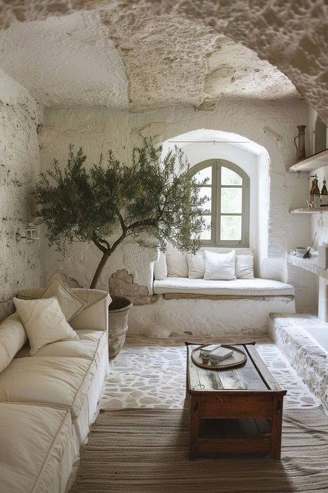 Olive Trees Indoor, Olive Tree Indoor, Indoor Olive Tree, Trees Indoors, Mediterranean Living Room, Mediterranean Interior Design, Japan House, Mediterranean Interior, Rural House