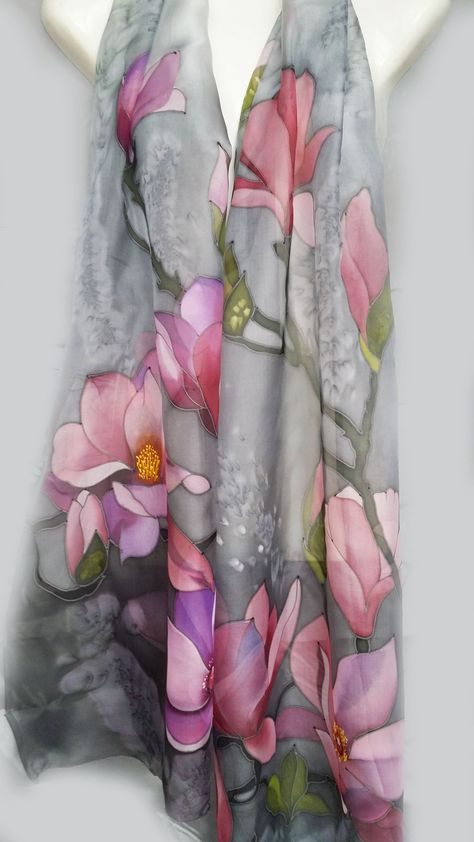 Light gray with Pink Magnolias handpainted silk scarf, hand painted silk scarf, gift for her, long silk scarf BatikIulia silk scarves , size  79 * 20 inches. Dimensions Length: 200 centimeters; Width: 50 centimeters Light gray silk scarf, handpainted, hand painted silk scarf, gift for her, long silk scarf, BatikIulia silk scarves. 100% natural silk, hemmed. It is a stylish accessory for any outfit. This is a unique scarf. This silk scarf light grey is an accessory for an outfit of the day, or a Painted Silk Scarves, Silk Painting Techniques, Textile Painting, Handpainted Silk Scarves, Small Silk Scarf, Long Silk Scarf, Hand Painted Scarves, Hand Painted Fabric, Painted Scarf