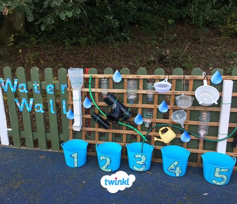 This water wall uses many recyclable resources. Eyfs Water Wall, Eyfs Water Area Outside, Diy Eyfs Outdoor Area, Curiosity Approach Eyfs Garden, Maths Outside Area Eyfs, Year 2 Outdoor Provision, Outdoor Water Tray Ideas Eyfs, Water Walls Outdoor, Phonics Outdoors Eyfs