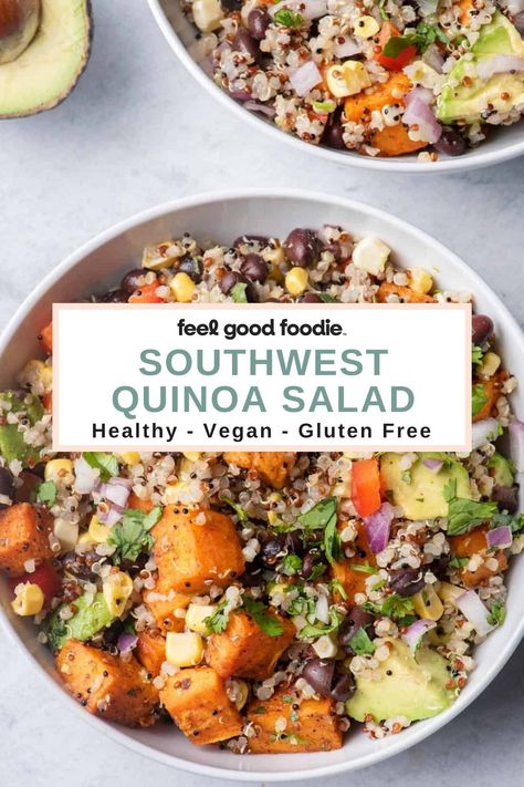 Sweet Potato Black Beans Quinoa, Southwest Sweet Potato Salad, Quinoa Salad Southwest, Dairy Free Quinoa Salad, Meatless Lunches, Qinuoa Recipes, Bean Quinoa Salad, Corn And Black Beans, Quinoa Chickpea Salad