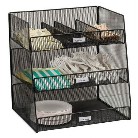 The Break Room Organizer offers 3 large compartments with 3 adjustable dividers for break room supplies. The coffee organizer holds K-Cup coffee pods and other break room supplies. Segment your break room supplies with metal label holders and labels (included). Features: Finish: Black Material: Steel Frame/ Recycled Leather; Steel Frame/ Microfiber Break Room Organizer Three large compartments Three removable/ adjustable dividers Metal label holders (labels included) Holds K-Cup coffee pods and Break Room Ideas, Teachers Lounge Makeover, Staff Lounge, Office Break Room, Room Organizer, Room Supplies, Teachers Lounge, Dorm Organization, Staff Room