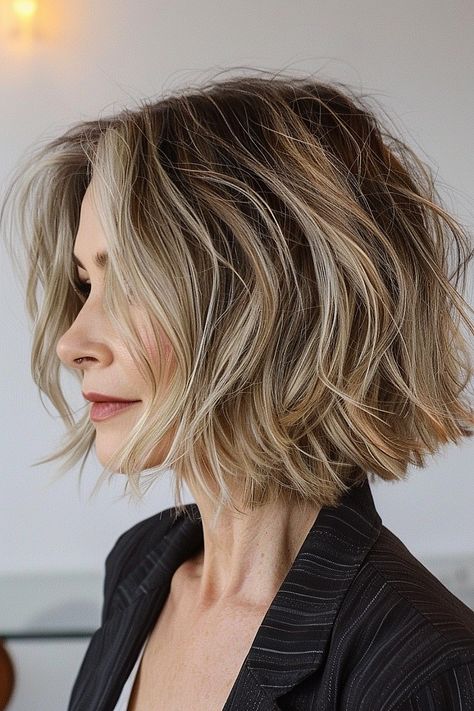 Short Hair With Lowlights Blonde, Chin Length Hair With Layers Choppy, Choppy Bob With Highlights, Short Blonde Hair 2024, Lowlights Short Hair, Short Bob Highlights, Edgy Short Hair For Women Over 50, Bob Haircut Highlights, Short Bob With Highlights