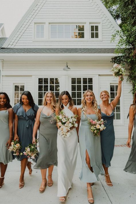 Mumu Wedding, Bridal Party Gowns, Silver Sage, Bridesmaid Colors, Green Bridesmaid, Bridesmaid Dress Colors, Green Bridesmaid Dresses, Bridesmaids And Groomsmen, Blue Bridesmaid Dresses