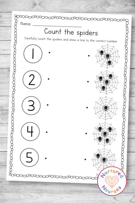 Spider Count and Match Worksheet for Preschool and Kindergarten (1-5) - Nurtured Neurons Spider Worksheets Preschool, Spider Art Preschool, Spider Math Activities, Preschool Small Group, Spider Math, Spiders Preschool, Thanksgiving Arts And Crafts, Spider Activities, Prewriting Skills