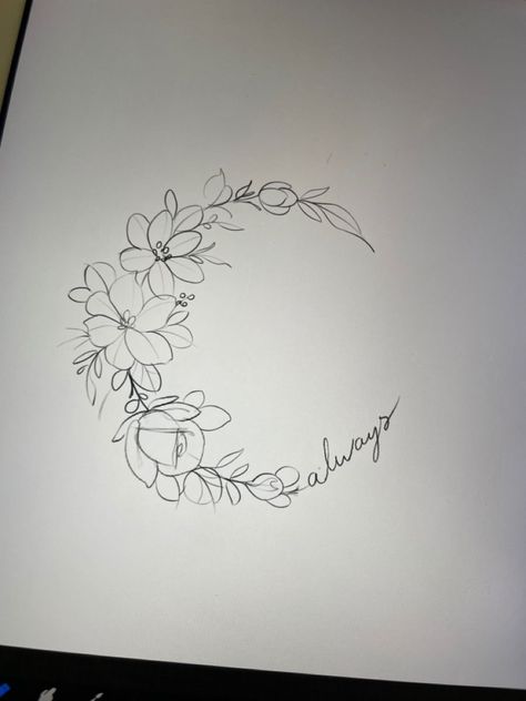 Flower Semi Circle Tattoo, Flower Crescent Tattoo, Half Moon Floral Tattoo, Orchid Crescent Moon Tattoo, Moon Family Tattoo, Half Circle Flower Tattoo, Floral Wreath Tattoo Design, Ring Of Flowers Tattoo, Circle Of Flowers Tattoo