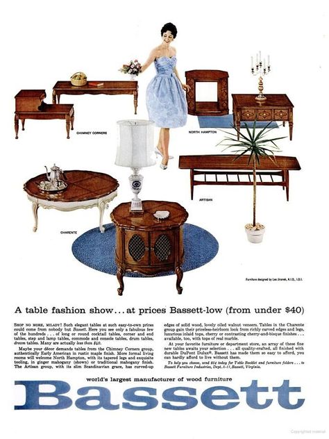 Bassett mixed groups   (1962) Retro Rooms, 1960s Decor, Furniture Ads, Drum Table, Bassett Furniture, Sixties Fashion, Retro Interior, Mid Century Kitchen, Cover Style