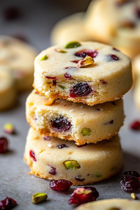 "Indulge in the perfect holiday treat with **Cranberry Pistachio Shortbread**! These buttery cookies are packed with tangy cranberries and crunchy pistachios, creating a festive flavor combo that's irresistible. Easy to make and perfect for cookie swaps or gifting, this recipe is a must-try for your holiday baking list. Save this pin for the ultimate Christmas cookie inspiration!" Shortbread Pistachio Cookies, Pistachio Linzer Cookies, White Chocolate Cranberry Pistachio Shortbread Cookies, Easy Cranberry Cookies, Cookies With Dried Cranberries, Short Bread Cookies Recipes, Pistachio Cherry Cookies, Clove Cookies, Cherry Chip Cookies