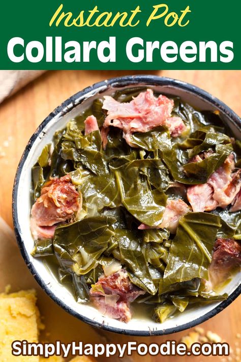 Rich, flavorful Instant Pot Collard Greens are cooked with a ham hock or turkey legs, etc. You will love these pressure cooker collard greens with a side of cornbread! simplyhappyfoodie.com, instapot collard greens, instant pot dinner ideas, instant pot recipes Instant Pot Collard Greens Ham Hock, Instant Pot Collard Greens, How To Grow Kale, Collard Greens With Bacon, Grow Kale, Simply Happy Foodie, Ham Hocks, Collard Greens Recipe, Ham Hock