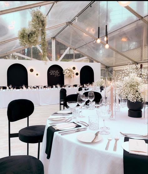 Whimsical Black And White Wedding, Black And White Wedding Theme Guests, Black Tie Graduation Party Ideas, Black And White Corporate Event, Black And White Wedding Aesthetic, Black Tie Wedding Decor, Black And White Event, Sophisticated Wedding Reception, Event Venue Design