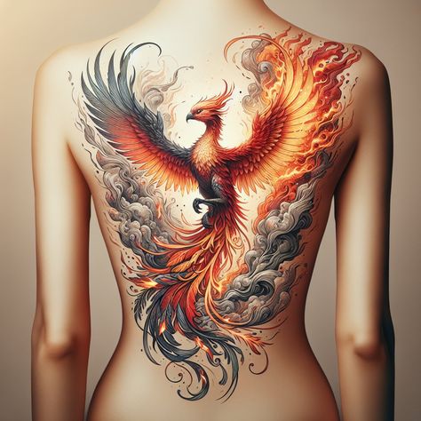 Phoenix Tattoo Feminine Hip Thigh, Phoenix Tattoo Hip For Women, Large Phoenix Tattoo Feminine, Phoenix Realistic Tattoo, Phoenix Lady Tattoo, Tattoo Ideas Phoenix Design, Phoenix Back Tattoos, Phoenix Tattoo Back Women, Fire Phoenix Tattoo Feminine