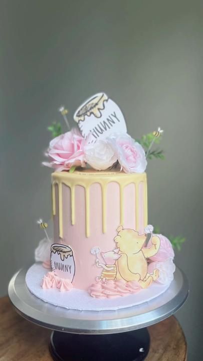 TikTok · Crumbsbymadeline A Little Hunny Baby Shower Theme, Pink Winnie The Pooh Cake, Winnie The Pooh Baby Shower Cake, Pink Winnie The Pooh Baby Shower Ideas, Pooh Baby Shower Cake, Winnie The Pooh Diaper Cake, Pink Winnie The Pooh, Pooh Cookies, Pink Baby Shower Cake