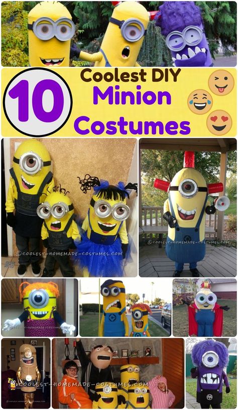 Coolest 1000+ Homemade Costumes You Can Make! Kid Minion Costume Diy, Homemade Minion Costume Kids, How To Make A Minion Costume, Diy Despicable Me Costume, Minion Halloween Costumes Diy, Minion Costumes Kids, Minion Family Halloween Costumes, Diy Minion Costume For Kids, Minions Diy Costume