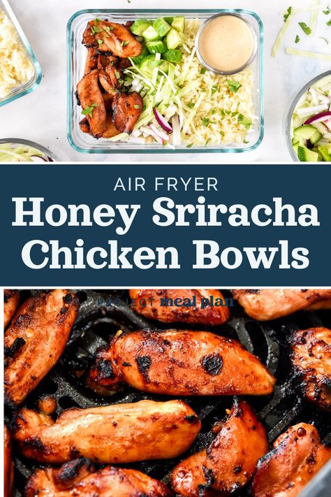 Satisfy your sweet & spicy craving with these Air Fryer Honey Sriracha Chicken Bowls - a complete make-ahead friendly meal with marinated chicken thighs, crunchy veggies, rice, and a brilliant cashew lime sauce to bring it all together! ProjectMealPlan.com Crunchy Veggies, Honey Sriracha Chicken, Chicken Bowl Recipe, Easy Healthy Lunch Recipes, Marinated Chicken Thighs, Sriracha Chicken, Chicken Bowls, Healthy Lunch Snacks, Work Lunches