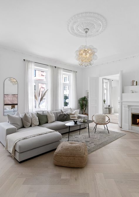 OSLO APARTMENT: BEFORE AND AFTER HOME TOUR - Anneli Bush Floor Styles Design, Flat Flooring Ideas, Wooden Living Room Floor, Oslo Apartment Interiors, Apartment Wooden Floor, Wooden Floor Lounge Ideas, Living Room Designs White Floor, Living Room Wood Flooring, White Floor Living Room Ideas