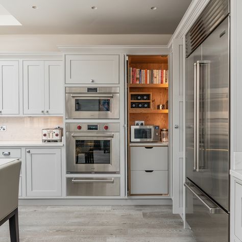 Truly Bespoke Corner Larder with Pocket Doors - Handmade Kitchen Company by Nicholas Bridger Tall Corner Cabinet Kitchen, Corner Larder Cupboard, Corner Larder, Pocket Door Pantry, Corner Kitchen Cabinet Ideas, Tall Corner Cabinet, Tall Kitchen Cabinets, Popular Kitchen Designs, Corner Base Cabinet