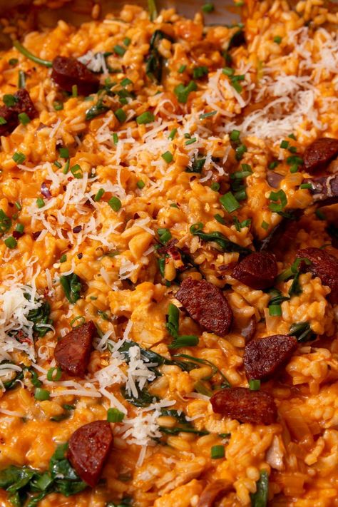 Elevate your dinner with this chicken and chorizo risotto dish. It’s a comfort meal that is worth the time and effort. Made with a deliciously creamy consistency and flavourful, crispy chorizo bits, this one-pan meal is a top choice during the week. Chicken And Chorizo Rice Recipes, Chicken And Chorizo Orzo, Chorizo Risotto Recipes, Recipes Using Chorizo, Risotto Meals, Chicken And Chorizo Recipes, Chorizo Dishes, Chorizo Orzo, Recipes With Chorizo Sausage