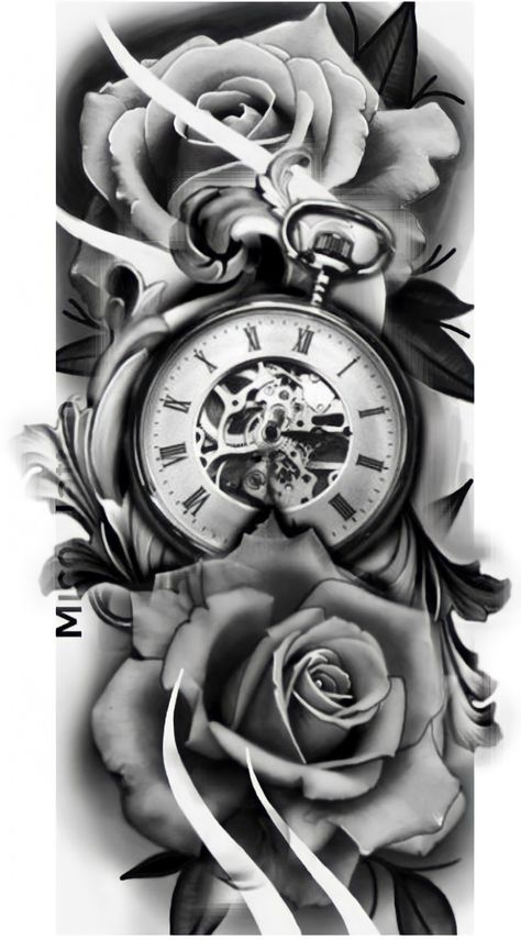 Rose And Watch Tattoo Design, Roses And Pocket Watch Tattoo Design, Rose Watch Tattoo Design, Rose And Clock Tattoo For Men, Rose And Clock Tattoo Design, Rose Clock Tattoo Design, Clock Rose Tattoo Design, Clock And Roses Tattoo, Rose Clock Tattoo