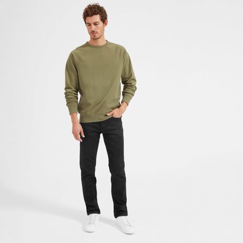 Men's Straight Fit Jean by Everlane in Black Crewneck And Jeans Outfit, Crewneck And Jeans, Tapered Jeans Men, Jeans Outfit Men, Straight Fit Denim, Sweatshirt Outfit, Japanese Denim, Denim Jeans Men, Black Denim Jeans