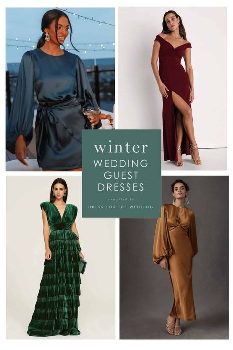 Our picks for over 75 of the best winter wedding guest dresses for cold weather weddings. Winter dresses for every wedding dress code in top winter dress colors and styles. Long sleeve dresses, velvet dresses, formal black tie dresses and more. Wear these to holiday parties too. #winterwedding #weddingguest #dresscode #winterdresses #holidaydresses #velvetdress #blacktiewedding #semiformalwedding #dressesforweddingguests Dresses To Wear To A Wedding Cold Weather, Country Winter Wedding Outfit Guest, Black Tie Dress Winter, December Formal Wedding Guest Dress, Wedding Guest December Outfit, Cold Weather Dress Outfits Formal, Winter Wedding Cocktail Attire, Wedding Guest Dress Winter 2024, December Wedding Dress Guest