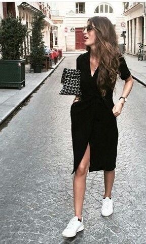 Wrap Dress Sneakers, Office Dress With Sneakers, Dress With Sneakers Work Outfit, Business Dress With Sneakers, Black Dress With Trainers, Wrap Dress And Sneakers Outfit, Short Fun Dresses, Work Dresses With Sneakers, Dress And Sneakers Outfit Formal