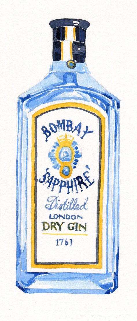 Watercolour Bombay Sapphire gin Bombay Sapphire Gin, London Gin, Bottle Drawing, Bombay Sapphire, London Dry Gin, Gin Bottles, Unframed Wall Art, Gin Cocktails, Gin And Tonic